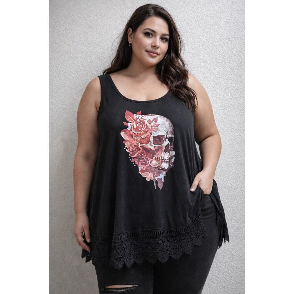 Black Skull Rose Graphic Tank Top Lace Hem Plus Size 5XL Gothic Whimsygoth Emo